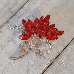 Brooch Pin Red Clear Rhinestone Silver Tone Spray Ribbon